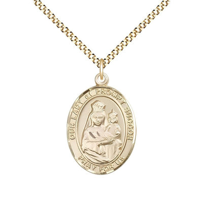 Our Lady of Prompt Succor 14kt Gold-filled Oval Medal Pendant with Gold-plated Chain, Measures 3/4-inch tall by 1/2-inch wide. Deluxe Gift Box, Bliss Manufacturing