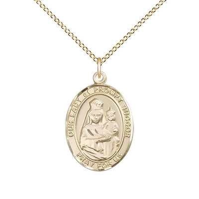 Our Lady of Prompt Succor 14kt Gold-filled Oval Medal Pendant with Gold-filled Chain, Measures 3/4-inch tall by 1/2-inch wide. Deluxe Gift Box, Bliss Manufacturing