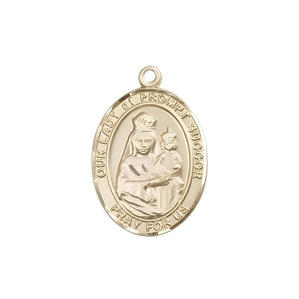 Bliss Our Lady of Prompt Succor 14kt Gold Oval Medal Pendant, Measures 3/4-inch tall by 1/2-inch wide. Deluxe Gift Box.