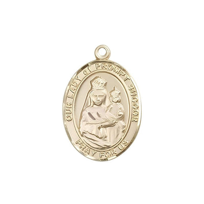Our Lady of Prompt Succor 14kt Gold Oval Medal Pendant, Measures 3/4-inch tall by 1/2-inch wide. Deluxe Gift Box, Bliss Manufacturing