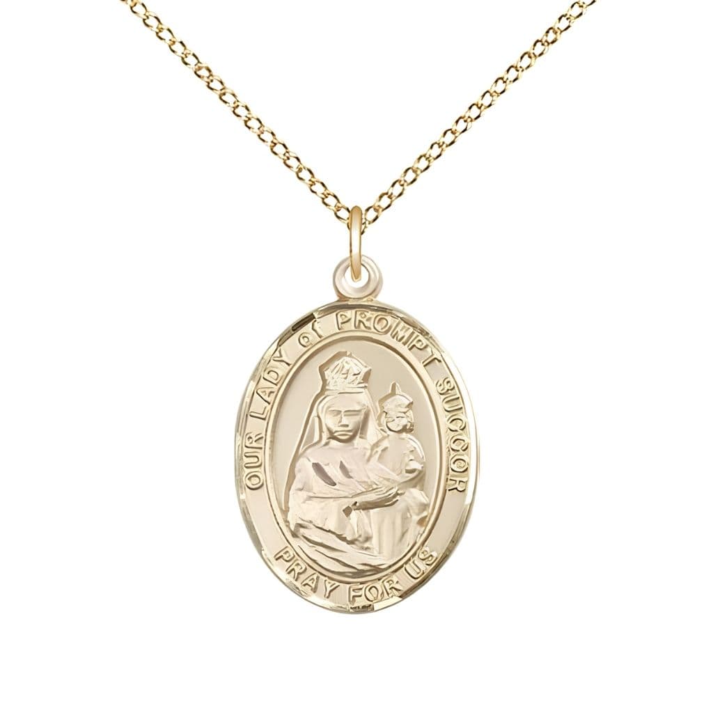 Bliss Our Lady of Prompt Succor 14kt Gold Oval Medal Pendant with 14kt Gold Chain, Measures 3/4-inch tall by 1/2-inch wide. Deluxe Gift Box.