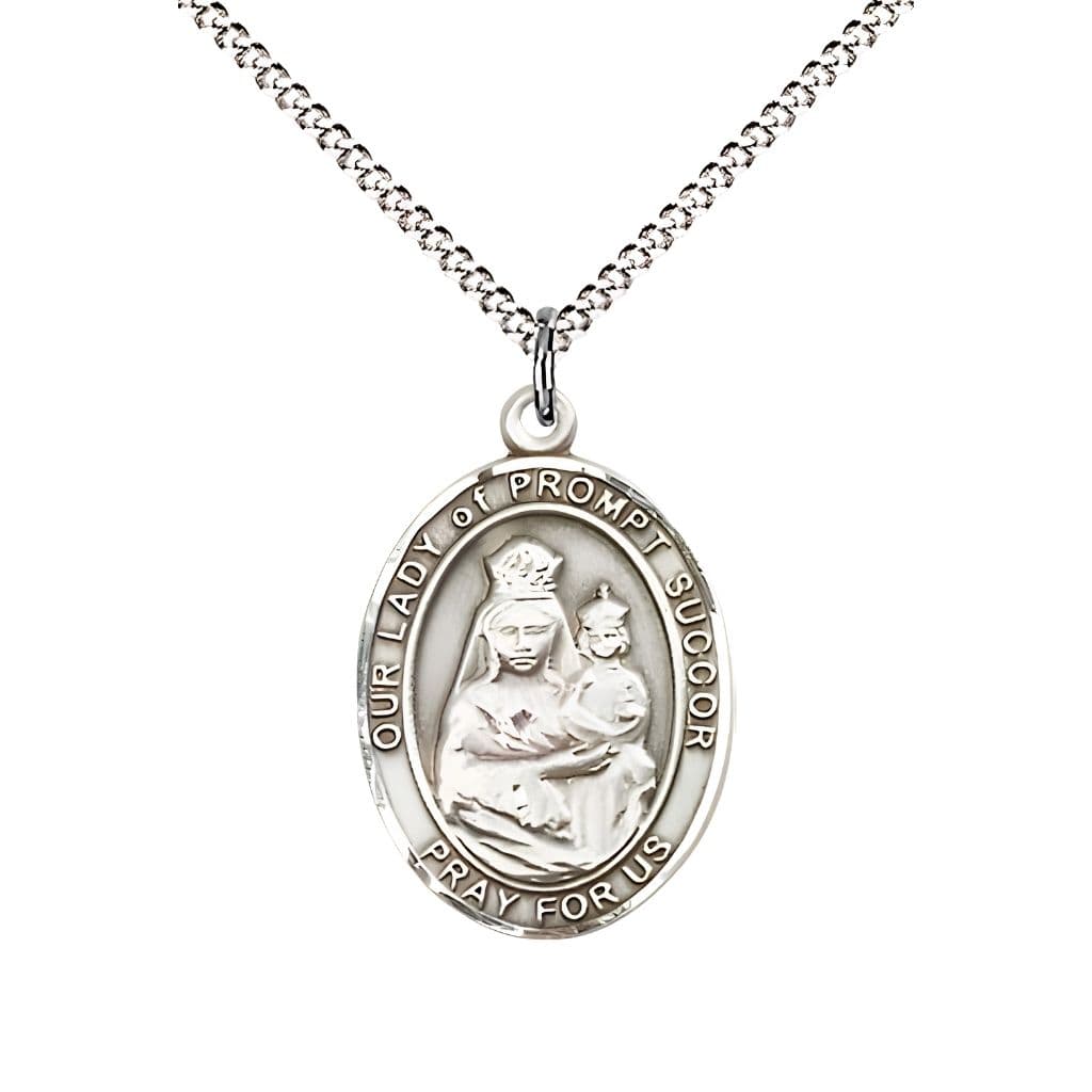 Bliss Our Lady of Prompt Succor Pewter Oval Medal Pendant with Rhodium-plated Chain, Measures 3/4-inch tall by 1/2-inch wide. Deluxe Gift Box.
