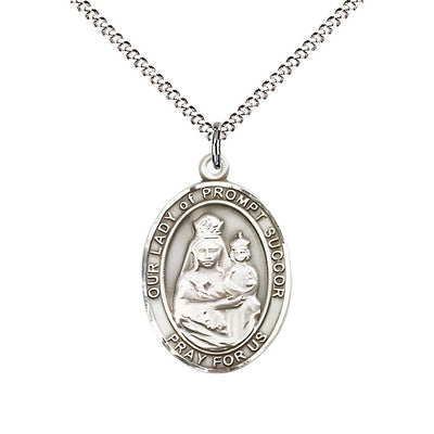 Our Lady of Prompt Succor Sterling Silver Oval Medal Pendant with Rhodium-plated Chain, Measures 3/4-inch tall by 1/2-inch wide. Deluxe Gift Box, Bliss Manufacturing