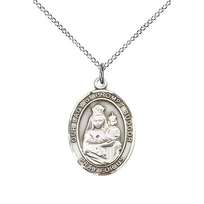 Our Lady of Prompt Succor Sterling Silver Oval Medal Pendant with Sterling Silver Chain, Measures 3/4-inch tall by 1/2-inch wide. Deluxe Gift Box, Bliss Manufacturing