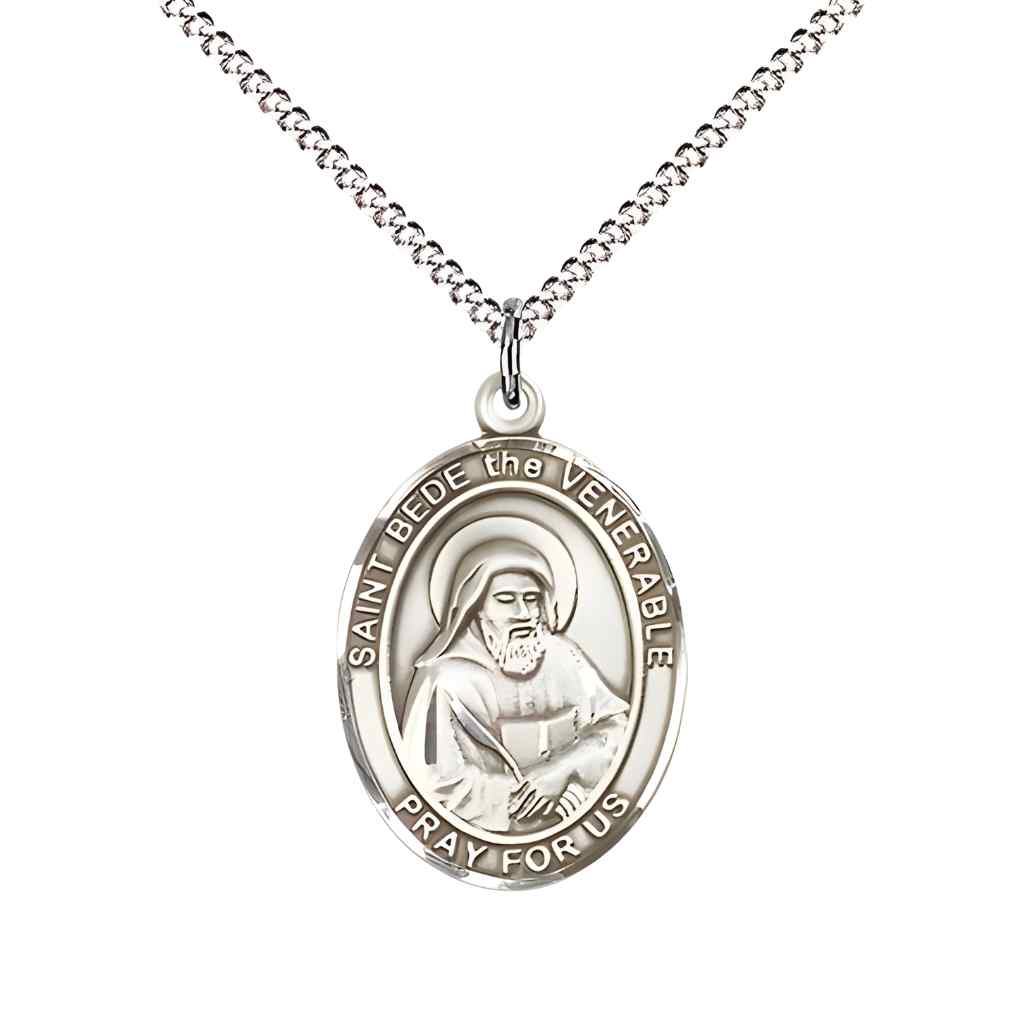 Medium Saint Bede the Venerable Pewter Oval Medal Pendant with 18" Rhodium-plated Curb Chain in Deluxe Gift Box | Bliss Manufacturing