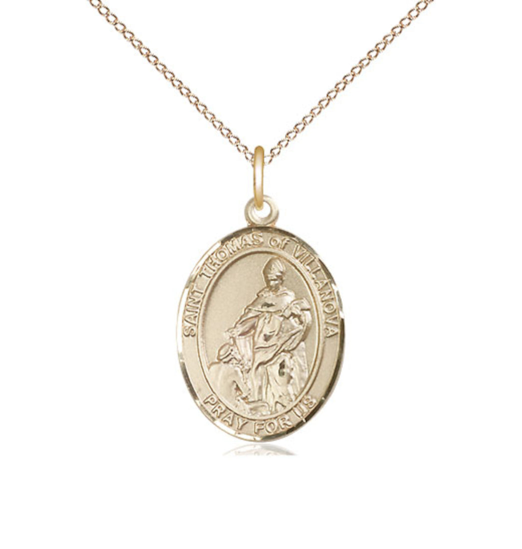 Bliss Medium 14kt Gold Filled St Thomas of Villanova Pendant on a 24 inch Gold Plate Heavy Curb Chain,