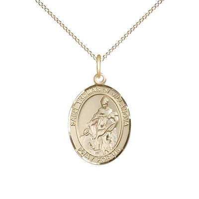Medium 14kt Gold St Thomas of Villanova Pendant on a 18 inch 14kt Gold Light Curb Chain, Bliss Manufacturing