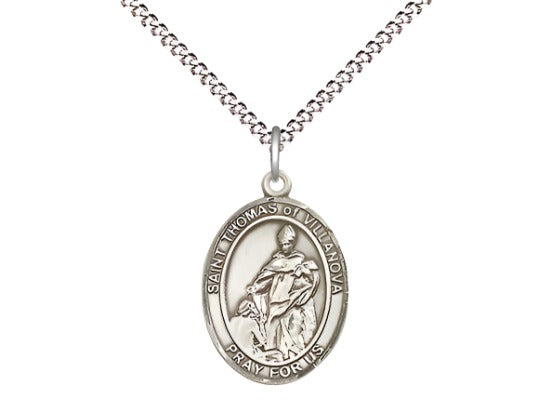 Bliss Medium Pewter St Thomas of Villanova Pendant on a 18 inch Light Rhodium Light Curb Chain,