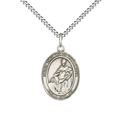 Medium Pewter St Thomas of Villanova Pendant on a 18 inch Light Rhodium Light Curb Chain, Bliss Manufacturing