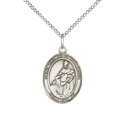 Medium Sterling Silver St Thomas of Villanova Pendant on a 18 inch Sterling Silver Light Curb Chain, Bliss Manufacturing