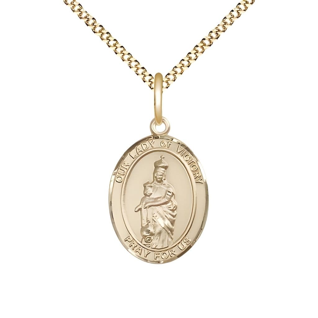 Bliss 14kt Gold-filled Our Lady of Victory Oval Medal with Gold-Plated Chain, 3/4" tall x 1/2" wide