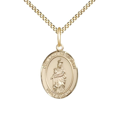 14kt Gold-filled Our Lady of Victory Oval Medal with Gold-Plated Chain, 3/4" tall x 1/2" wide, Bliss Manufacturing