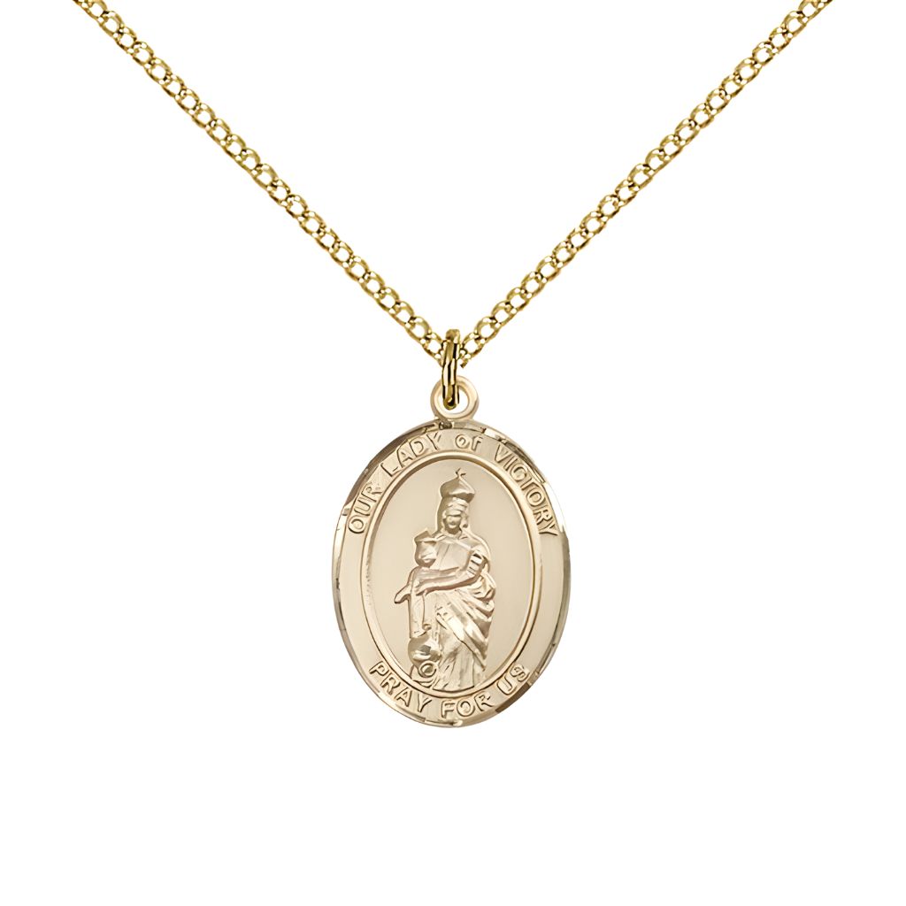 Bliss 14kt Gold Our Lady of Victory Oval Medal with 14kt Gold Chain, 3/4" tall x 1/2" wide