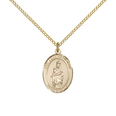 14kt Gold Our Lady of Victory Oval Medal with 14kt Gold Chain, 3/4" tall x 1/2" wide, Bliss Manufacturing
