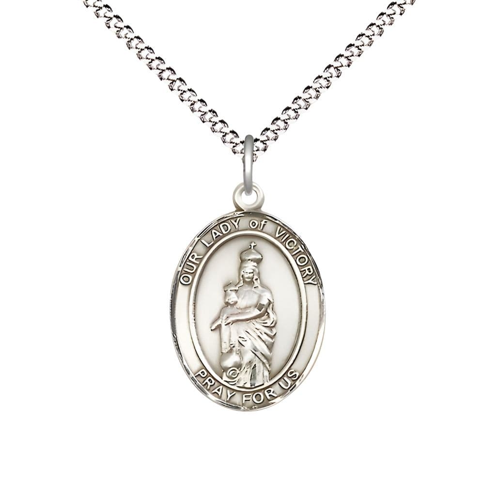 Bliss Pewter Our Lady of Victory Oval Medal with Plated Chain, 3/4" tall x 1/2" wide