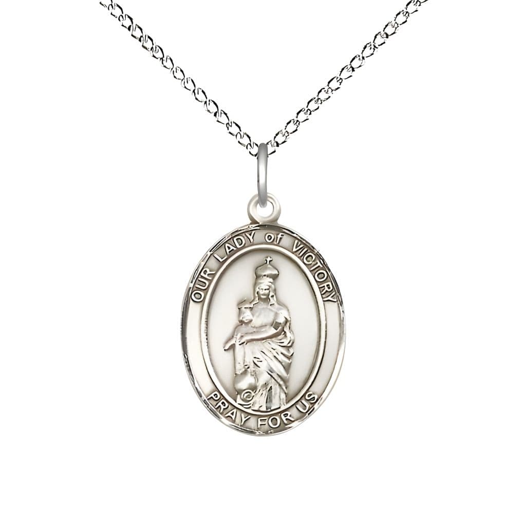 Bliss Sterling Silver Our Lady of Victory Oval Medal with Sterling Silver Chain, 3/4" tall x 1/2" wide