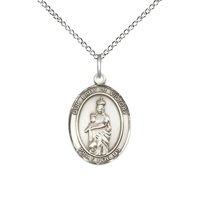 Sterling Silver Our Lady of Victory Oval Medal with Sterling Silver Chain, 3/4" tall x 1/2" wide, Bliss Manufacturing