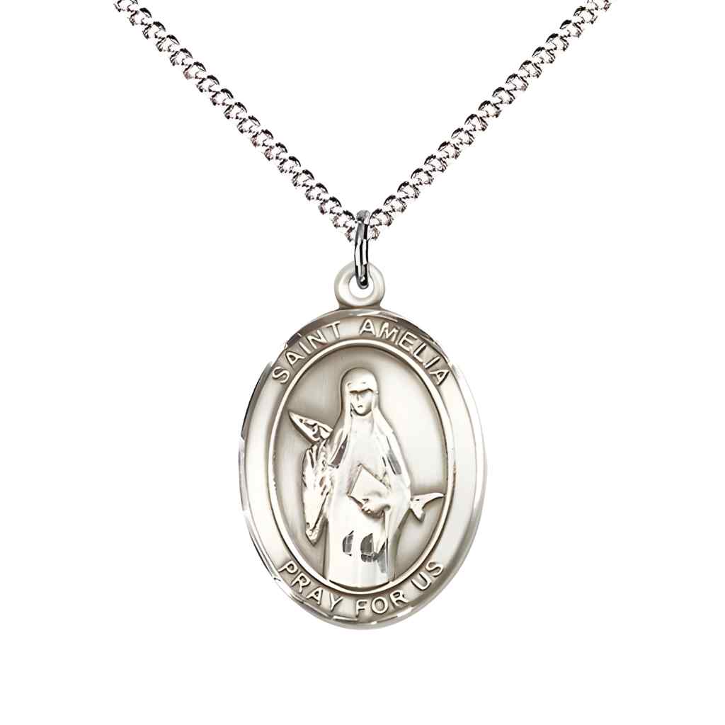Medium Saint Amelia Pewter Oval Medal Pendant with 18" Rhodium-plated Curb Chain with Deluxe Gift Box | Bliss Manufacturing