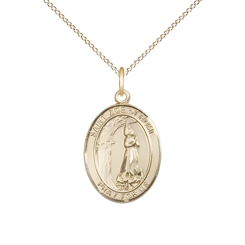 St. Zoe of Rome Gold-filled Oval Engravable Medal with Gold-filled Chain, Medal Measures 3/4-inch tall by 1/2-inch wide.