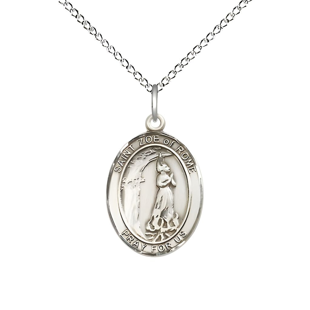 St. Zoe of Rome Sterling Silver Oval Engravable Medal with Sterling Curb Chain, Medal Measures 3/4-inch tall by 1/2-inch wide.
