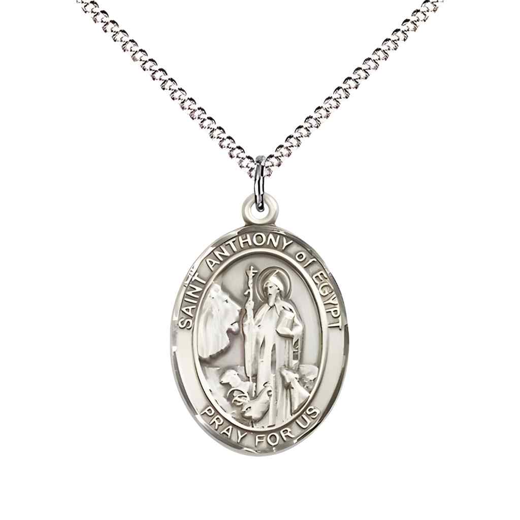 Medium Saint Anthony of Egypt Sterling Silver Oval Medal Pendant with Rhodium-plated Curb Chain with Deluxe Gift Box | Bliss Manufacturing