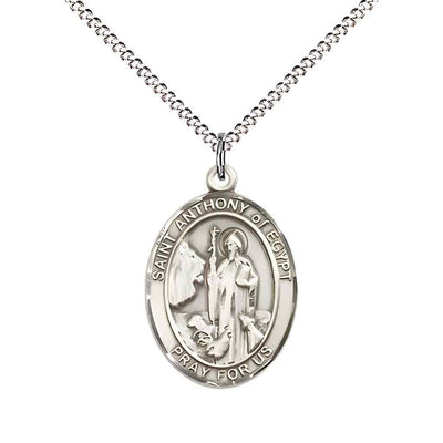 Medium Saint Anthony of Egypt Sterling Silver Oval Medal Pendant with Rhodium-plated Curb Chain with Deluxe Gift Box | Bliss Manufacturing