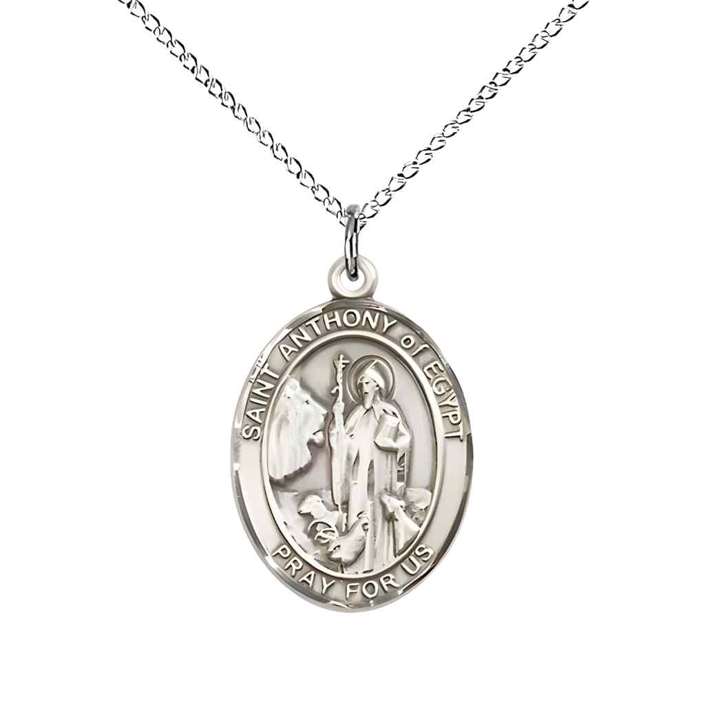 Medium Saint Anthony of Egypt Sterling Silver Oval Medal Pendant with Sterling Silver Curb Chain with Deluxe Gift Box | Bliss Manufacturing