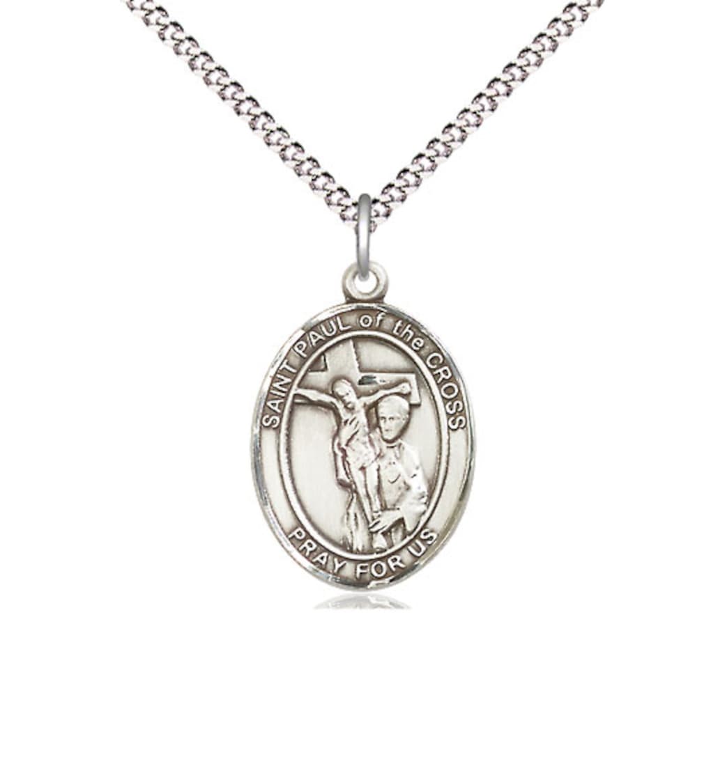 Bliss St Paul of the Cross Pewter Oval Engravable Medium Medal Necklace with Plated Chain,