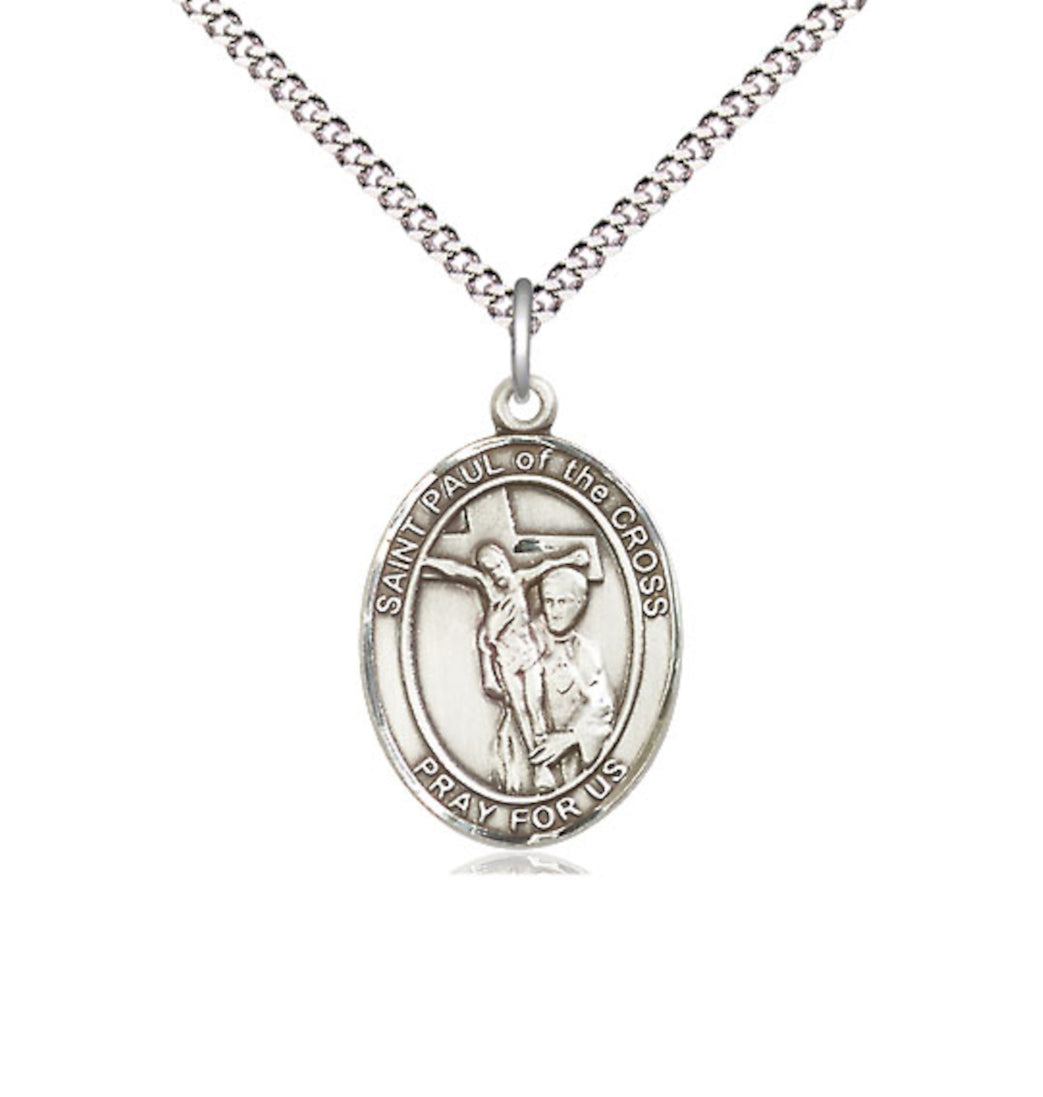 Bliss Medium Sterling Silver St Paul of the Cross Pendant on a 18 inch Light Rhodium Light Curb Chain,