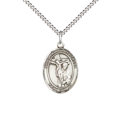 St. Paul of the Cross Sterling Silver Oval Medal Pendant with Rhodium-plated Chain, Measures 3/4-inch tall by 1/2-inch wide. Deluxe Gift Box, Bliss Manufacturing