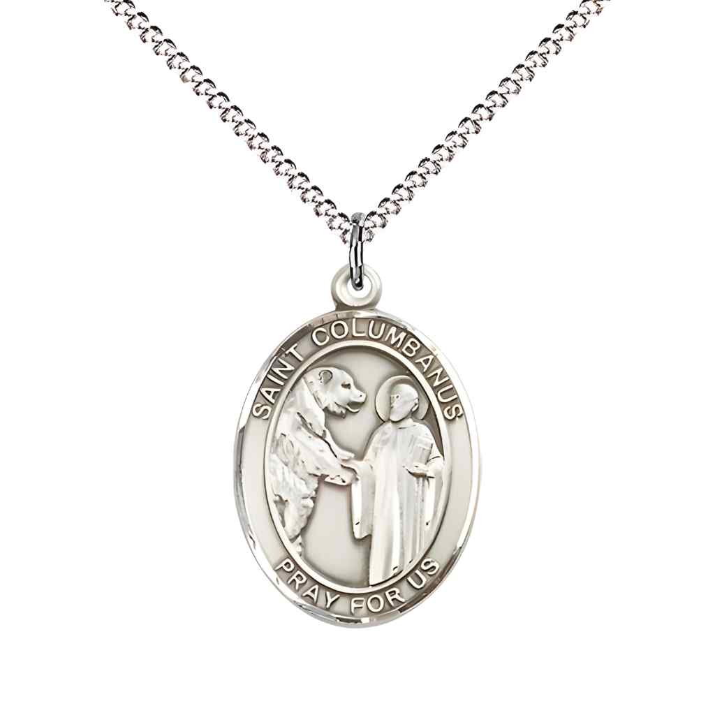 Medium Saint Columbanus Pewter Oval Medal Pendant with 18" Rhodium-plated Curb Chain in Deluxe Gift Box | Bliss Manufacturing
