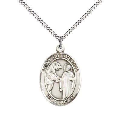 Medium Saint Columbanus Pewter Oval Medal Pendant with 18" Rhodium-plated Curb Chain in Deluxe Gift Box | Bliss Manufacturing