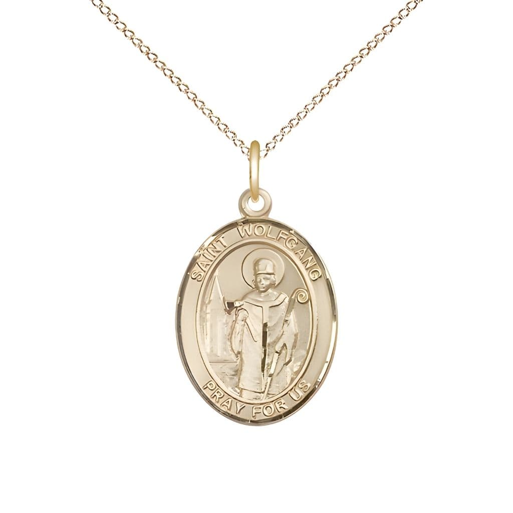 Bliss St. Wolfgang 14kt Gold-filled Oval Medal Pendant with Gold-filled Chain, Measures 3/4-inch tall by 1/2-inch wide.