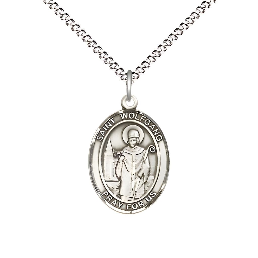Bliss St. Wolfgang Pewter Oval Medal Pendant with Rhodium-plated Chain, Measures 3/4-inch tall by 1/2-inch wide.