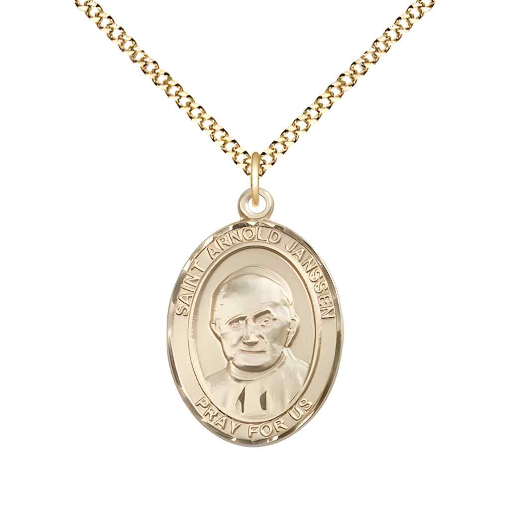 Medium Saint Arnold Janssen 14kt Gold-filled Oval Medal Pendant with Gold-plated Curb Chain in Deluxe Gift Box | Bliss Manufacturing
