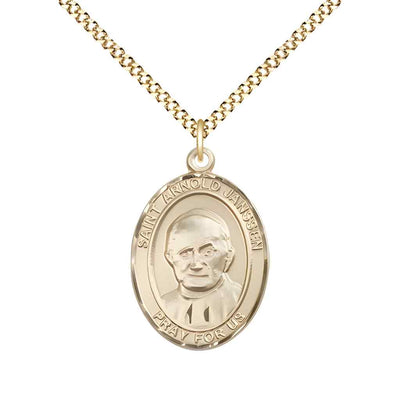 Medium Saint Arnold Janssen 14kt Gold-filled Oval Medal Pendant with Gold-plated Curb Chain in Deluxe Gift Box | Bliss Manufacturing