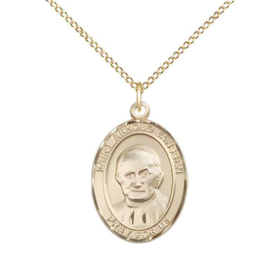 Medium Saint Arnold Janssen 14kt Gold-filled Oval Medal Pendant with Gold-filled Curb Chain in Deluxe Gift Box | Bliss Manufacturing