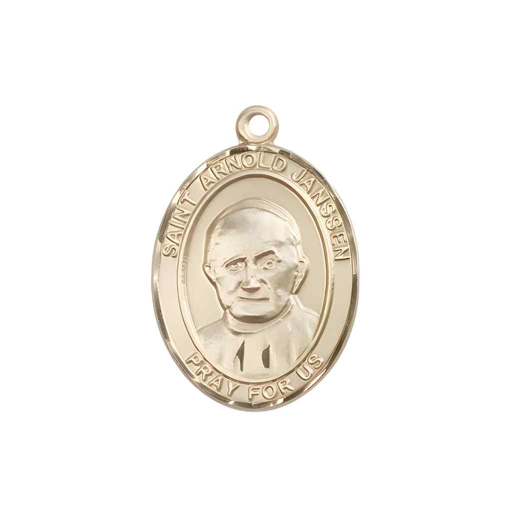 Medium Saint Arnold Janssen 14kt Gold Oval Medal Pendant comes in Deluxe Gift Box | Bliss Manufacturing