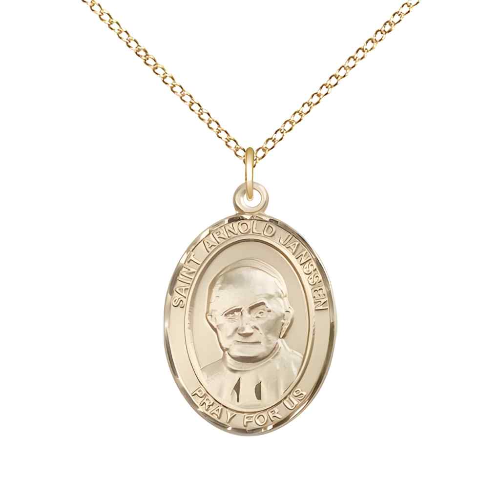 Medium Saint Arnold Janssen 14kt Gold Oval Medal Pendant with 14kt Gold Curb Chain in Deluxe Gift Box | Bliss Manufacturing