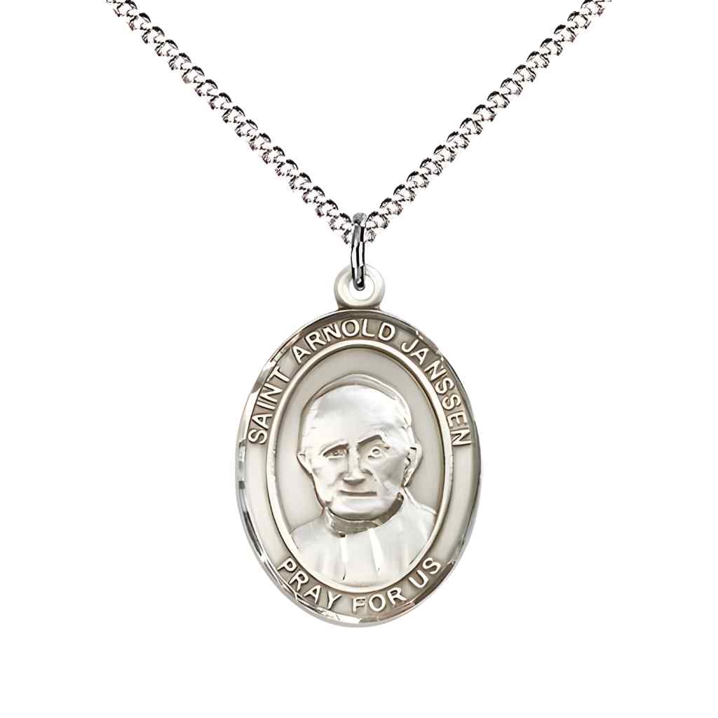 Medium Saint Arnold Janssen Sterling Silver Oval Medal Pendant with Rhodium-plated Curb Chain in Deluxe Gift Box | Bliss Manufacturing