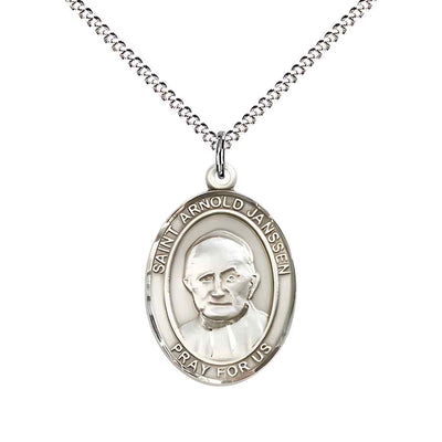 Medium Saint Arnold Janssen Sterling Silver Oval Medal Pendant with Rhodium-plated Curb Chain in Deluxe Gift Box | Bliss Manufacturing