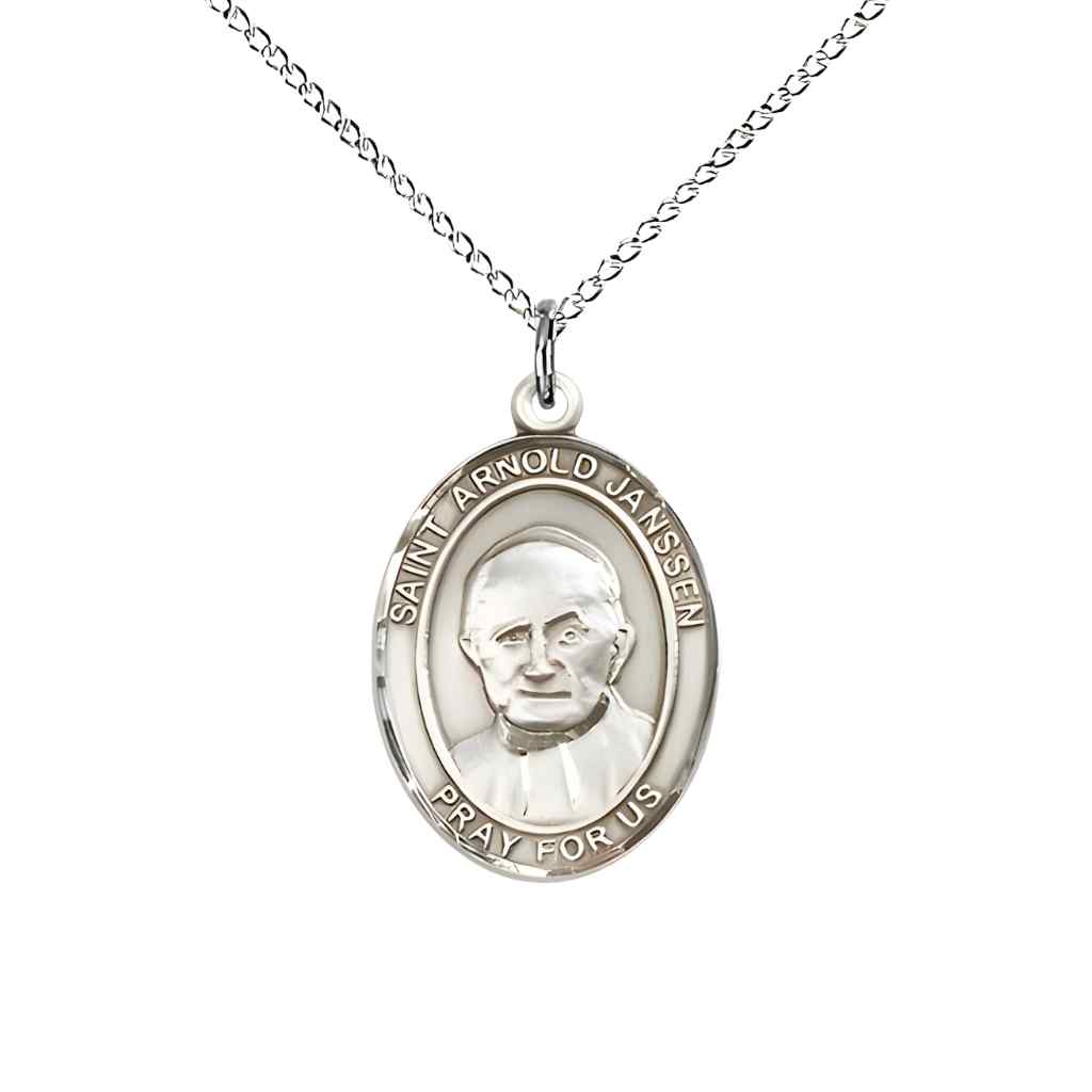 Medium Saint Arnold Janssen Sterling Silver Oval Medal Pendant with Sterling Silver Curb Chain in Deluxe Gift Box | Bliss Manufacturing