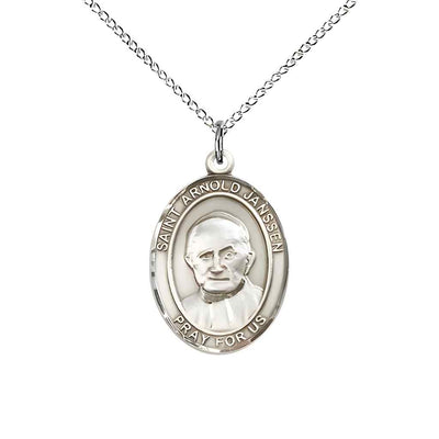 Medium Saint Arnold Janssen Sterling Silver Oval Medal Pendant with Sterling Silver Curb Chain in Deluxe Gift Box | Bliss Manufacturing