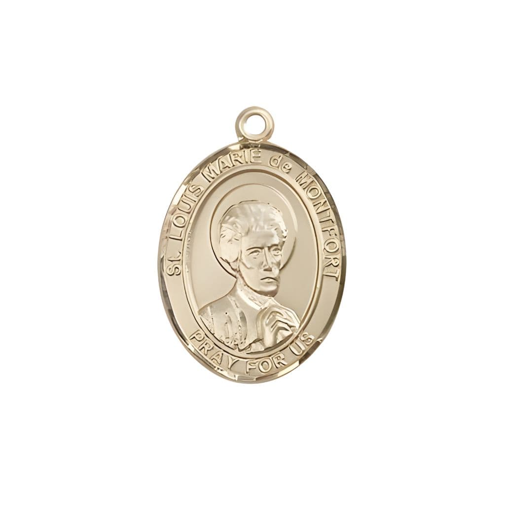 Bliss St. Louis Marie de Montfort 14kt Gold Oval Medal Pendant, Measures 3/4-inch tall by 1/2-inch wide.