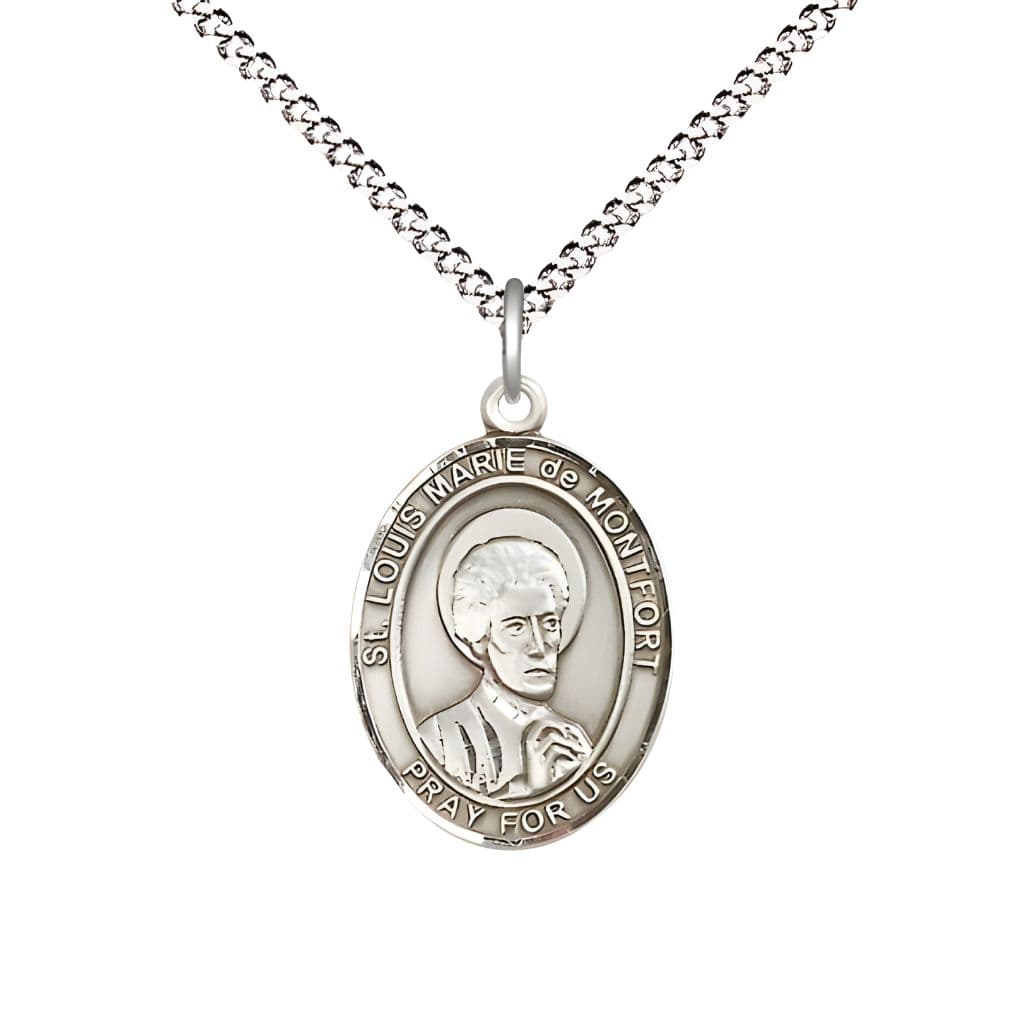 Bliss St. Louis Marie de Montfort Sterling Silver Oval Medal Pendant with Rhodium-plated Chain, Measures 3/4-inch tall by 1/2-inch wide.
