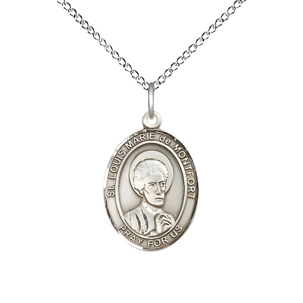 Bliss St. Louis Marie de Montfort Sterling Silver Oval Medal Pendant with Sterling Chain, Measures 3/4-inch tall by 1/2-inch wide.