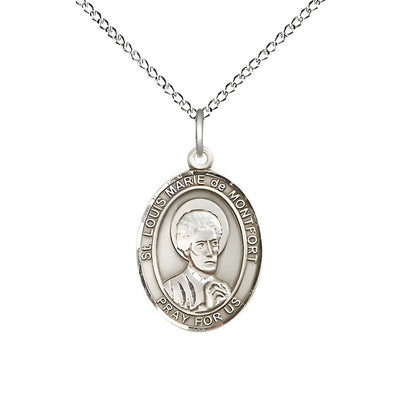 St. Louis Marie de Montfort Sterling Silver Oval Medal Pendant with Sterling Chain, Measures 3/4-inch tall by 1/2-inch wide, Bliss Manufacturing