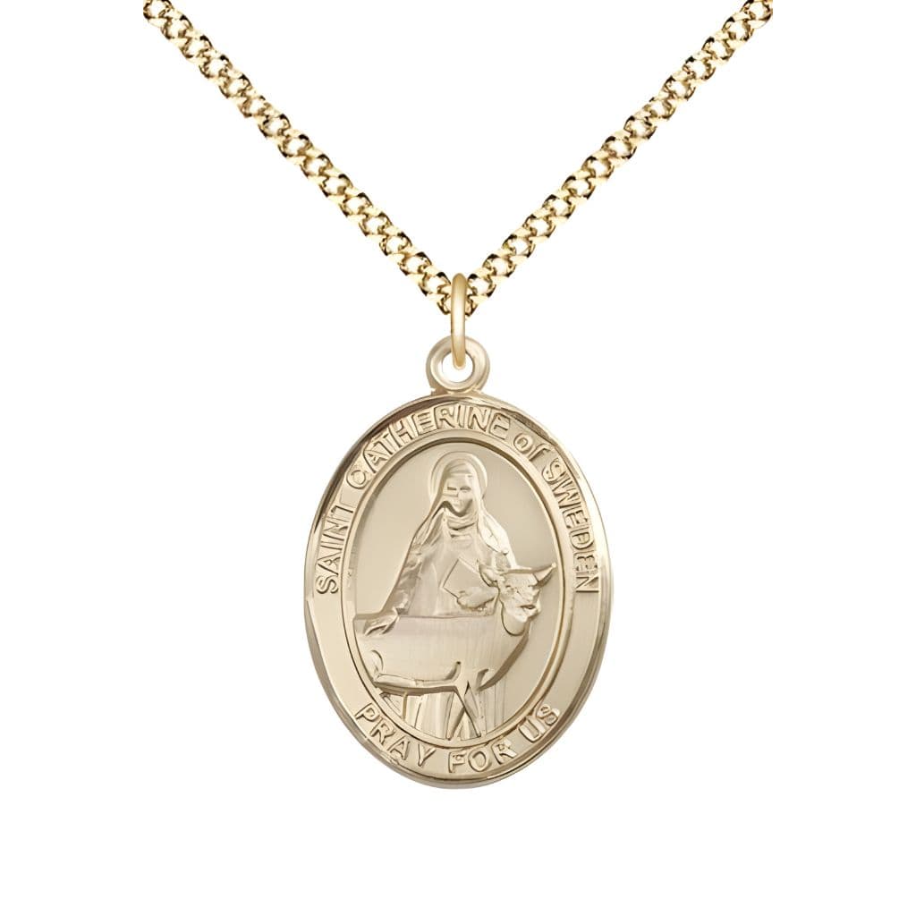 Bliss St. Catherine of Sweden 14kt Gold-filled Oval Medal Pendant with Gold-plated Chain, Measures 3/4-inch tall by 1/2-inch wide.