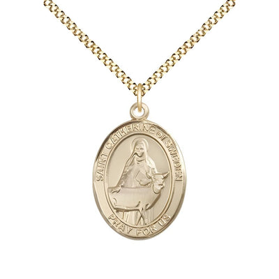 St. Catherine of Sweden 14kt Gold-filled Oval Medal Pendant with Gold-plated Chain, Measures 3/4-inch tall by 1/2-inch wide, Bliss Manufacturing