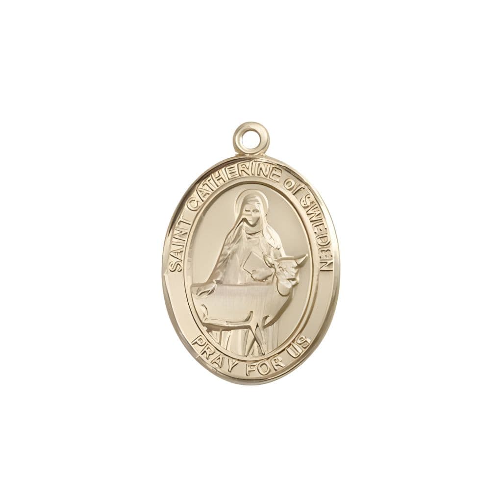 Bliss St. Catherine of Sweden 14kt Gold Oval Medal Pendant, Measures 3/4-inch tall by 1/2-inch wide.